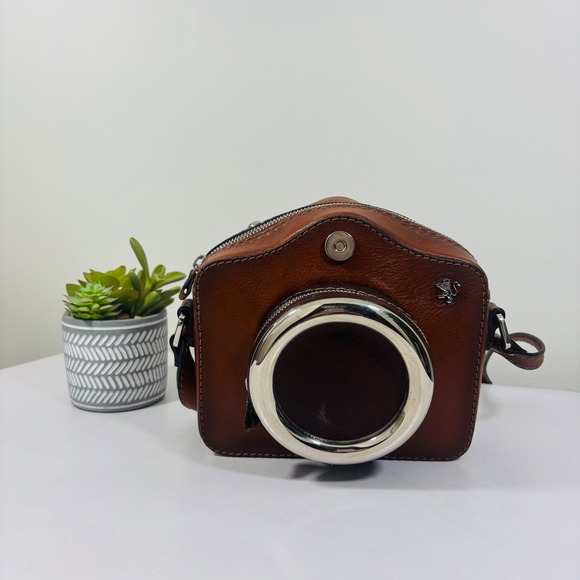 Pratesi Firenze Small Leather Foto Camera Crossbody Bag w/Patches & LED Light